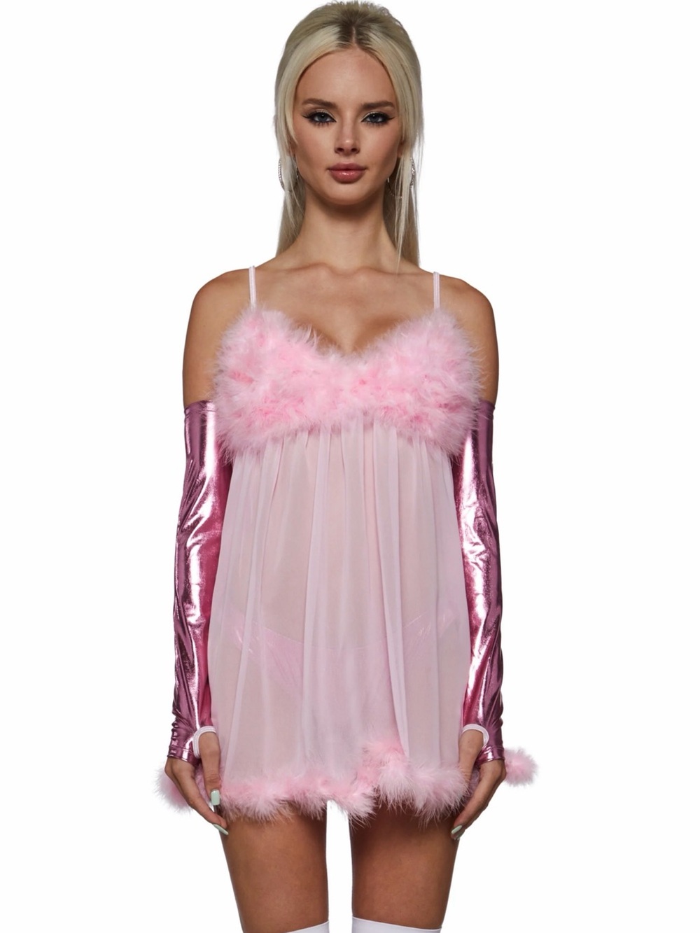 Dolls Kill Pink Sheer Marabou Trim Babydoll Chemise
